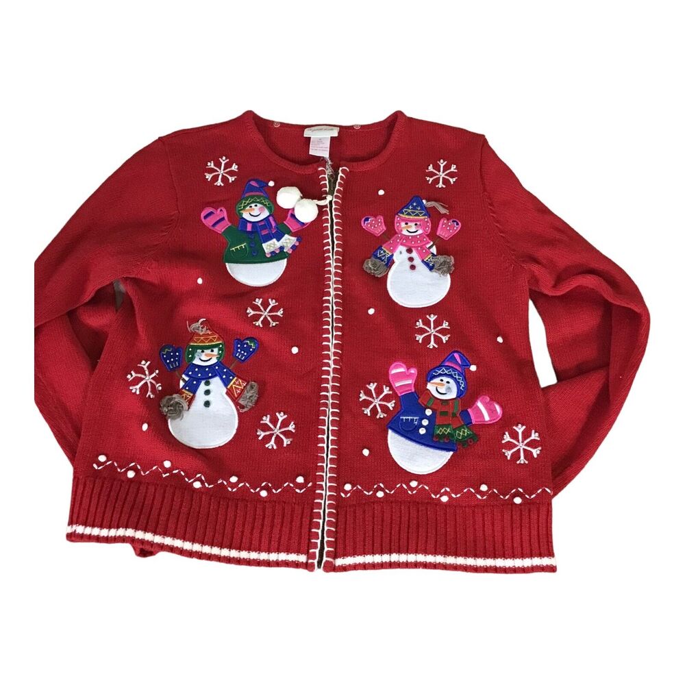 Crystal Kobe Women Red Full zip vintage Christmas Snowmen cardigan sweater Med